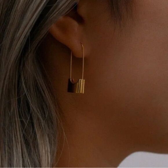 New Unique 14k Gold Plated Dangle Lock Earrings - Picture 2 of 5